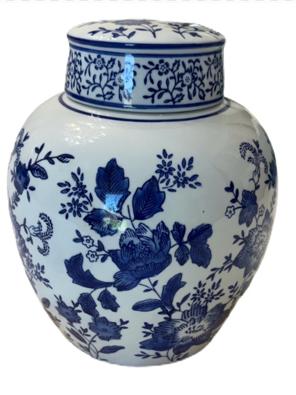 Blue and White Floral Porcelain Ginger Jar - Classic Home Accent - Picture 4 of 7